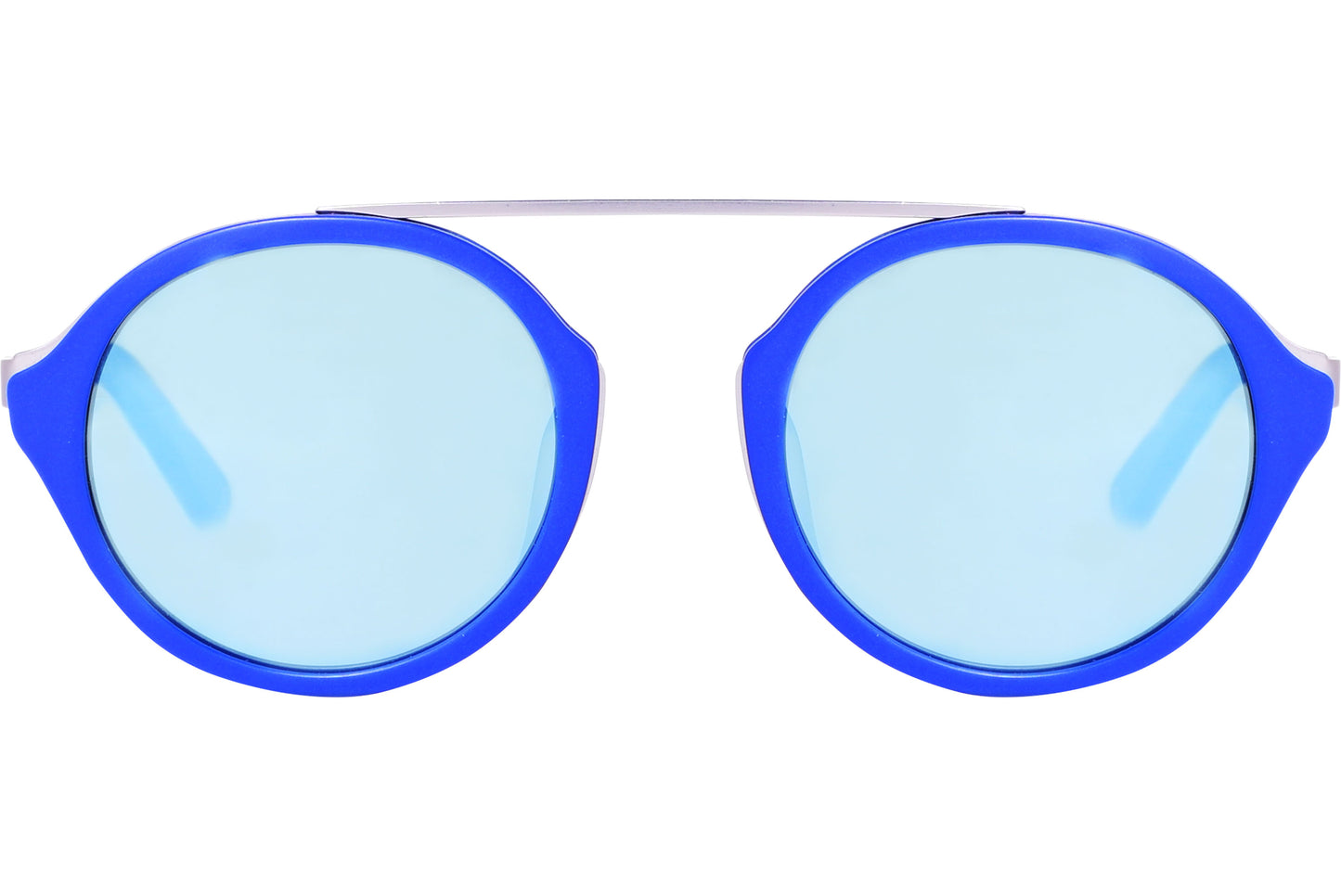 A pair of blue circular aviator sunglasses with a metallic bridge and blue lenses.