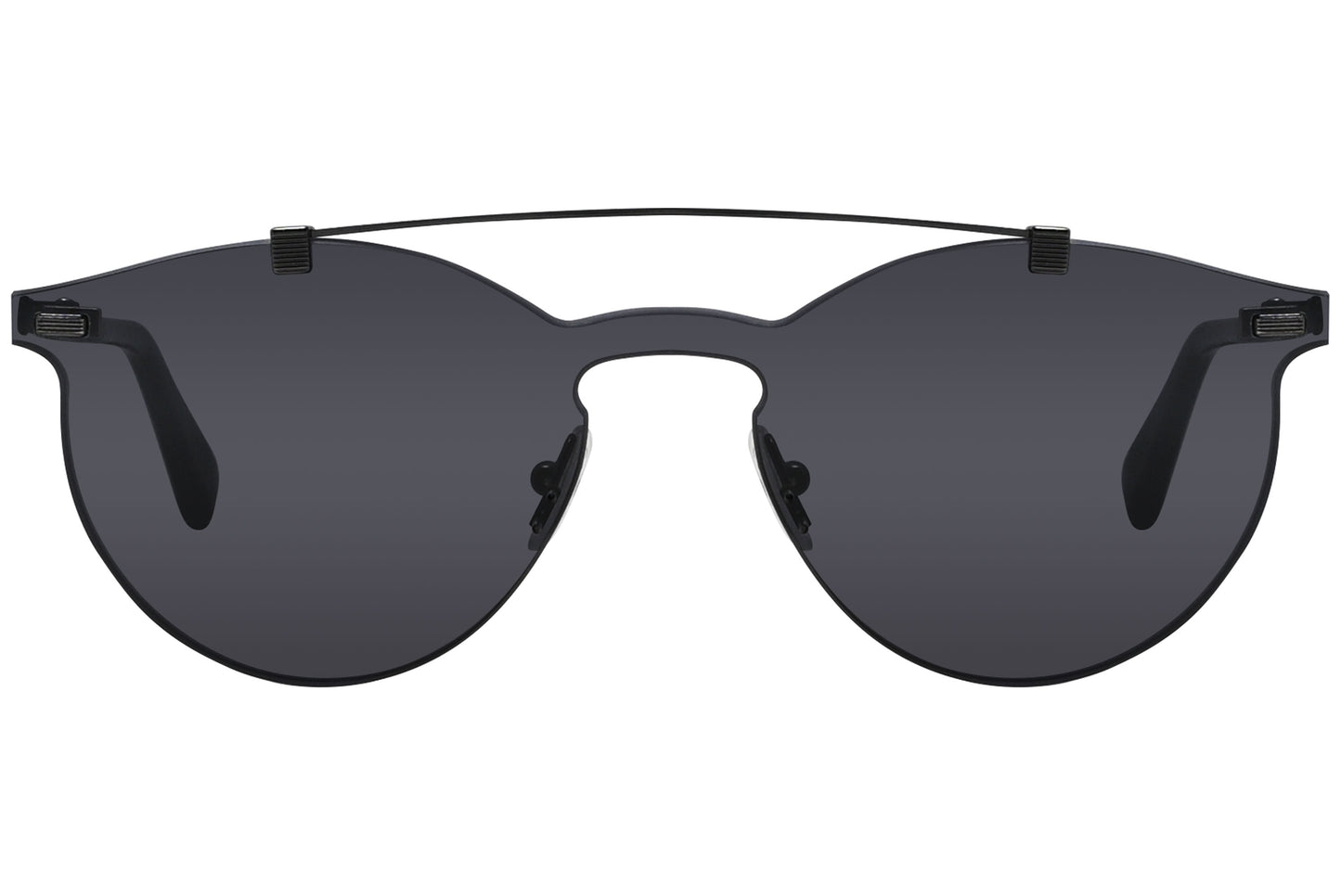 A pair of black aviator sunglasses with a metallic bridge and dark lenses.