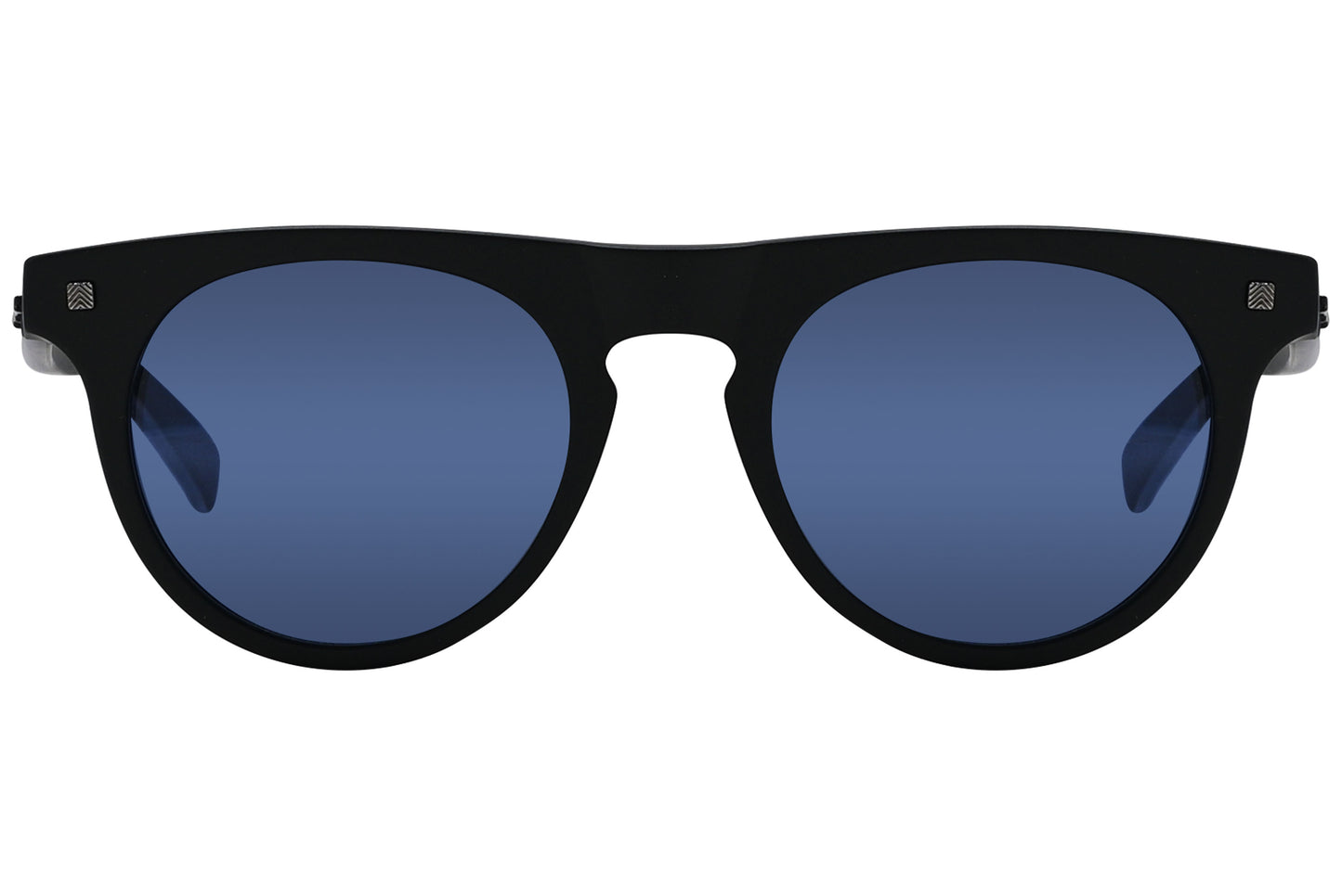 A pair of black round sunglasses with blue lenses.