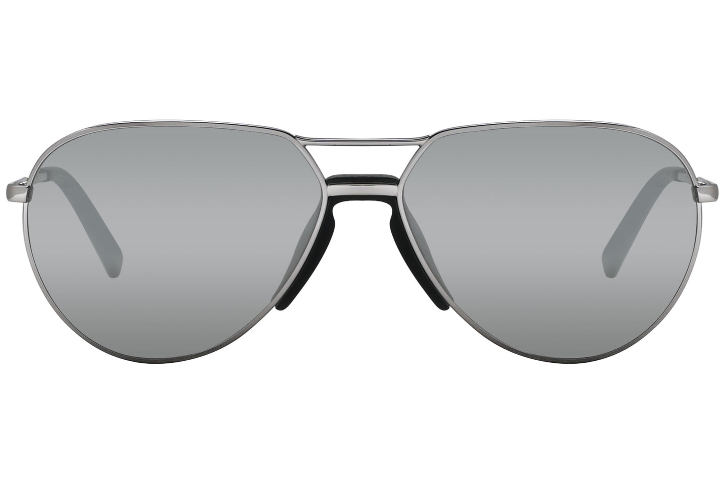 A pair of silver aviator sunglasses with a metallic frame and mirrored lenses.