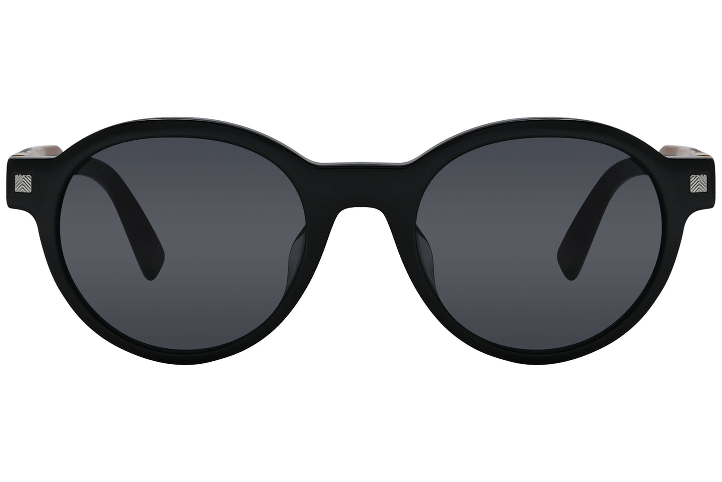 A pair of black round sunglasses with a continuous frame design and wooden temples.