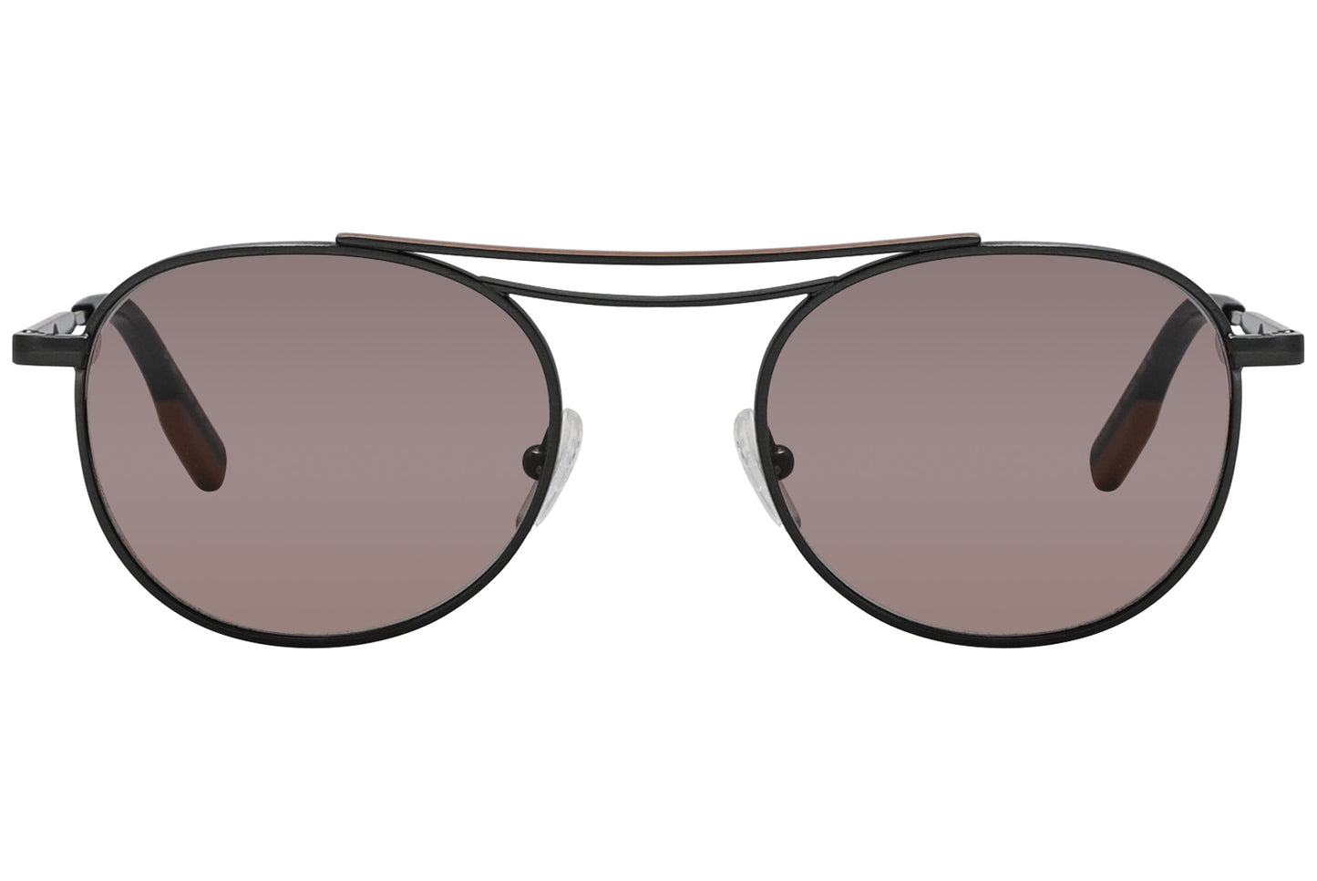 A pair of black aviator sunglasses with a metal frame and plastic lenses.