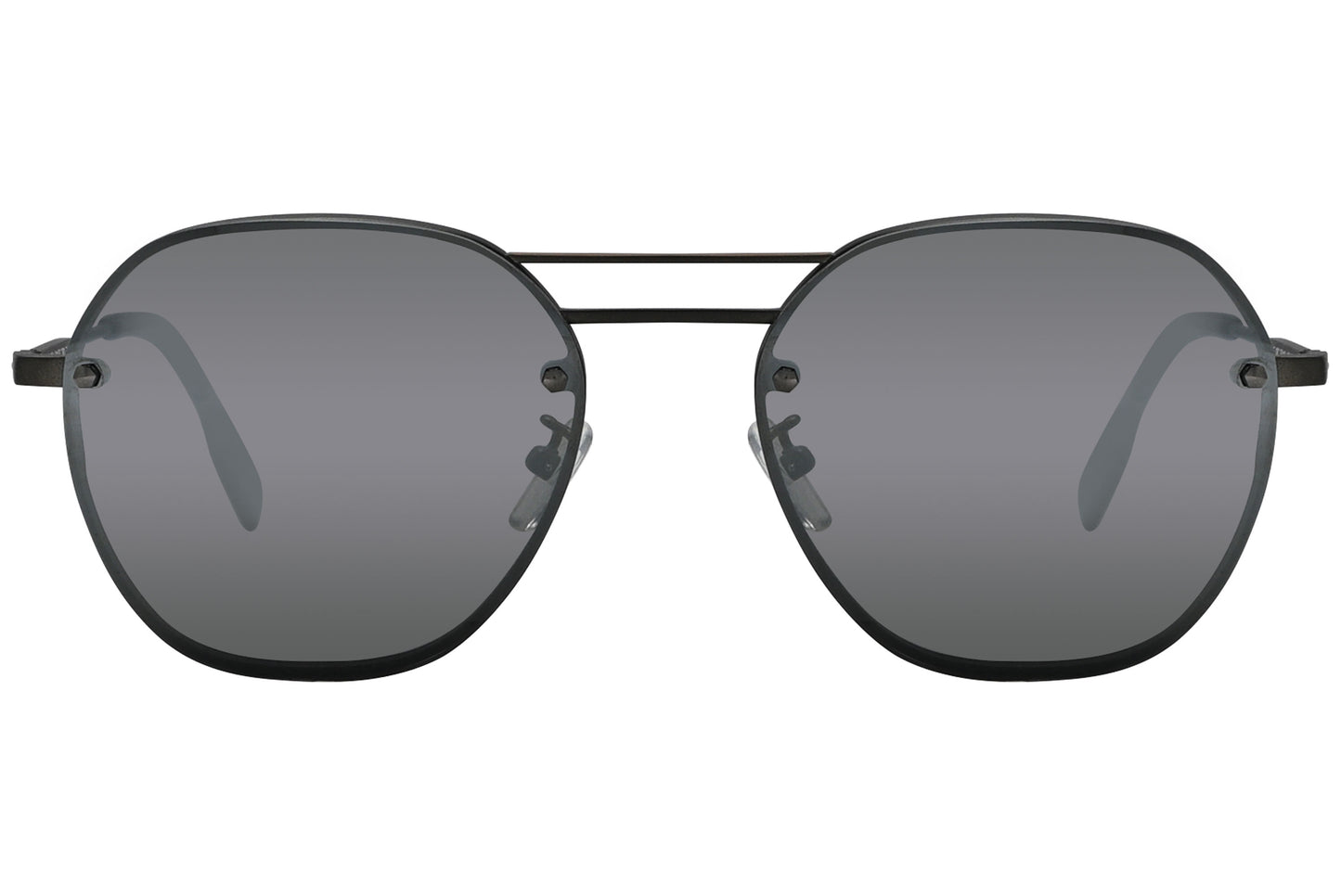 A pair of titanium framed sunglasses with a round shape and dark lenses.