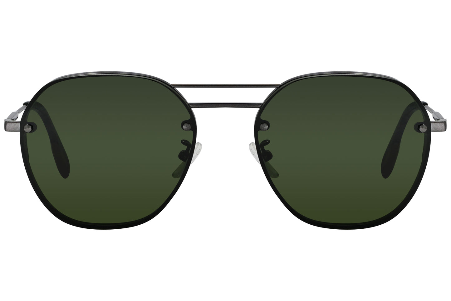 A pair of titanium framed sunglasses with dark lenses and a round shape.