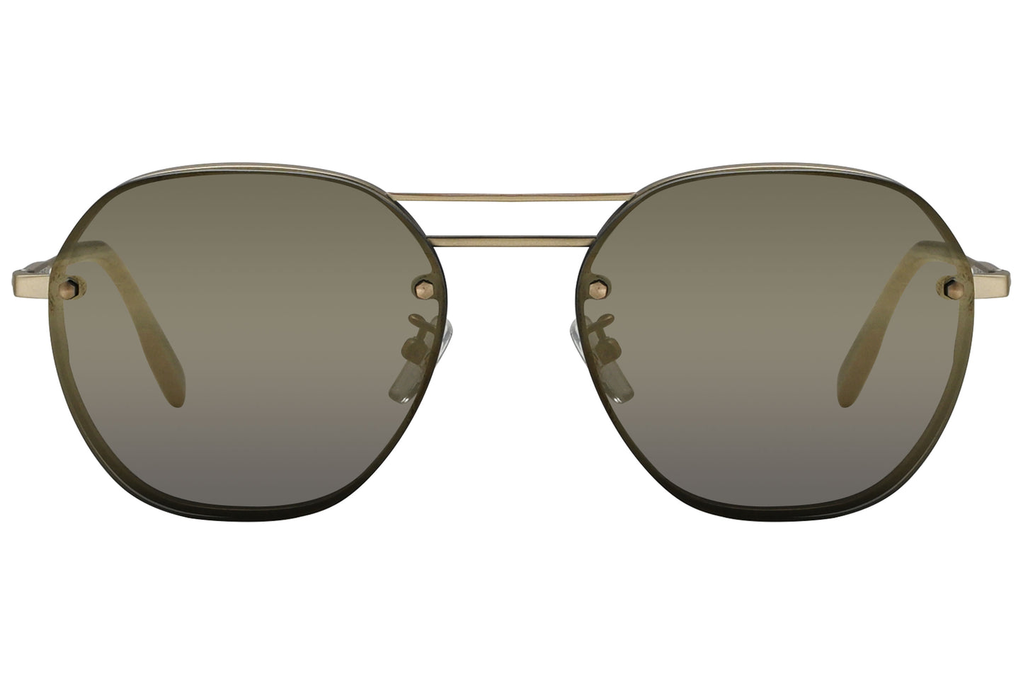A pair of titanium geometric sunglasses with a metallic frame and dark lenses.