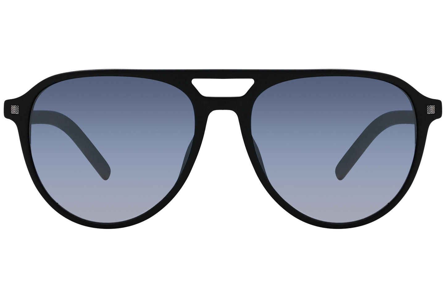 A pair of black aviator sunglasses with blue lenses.