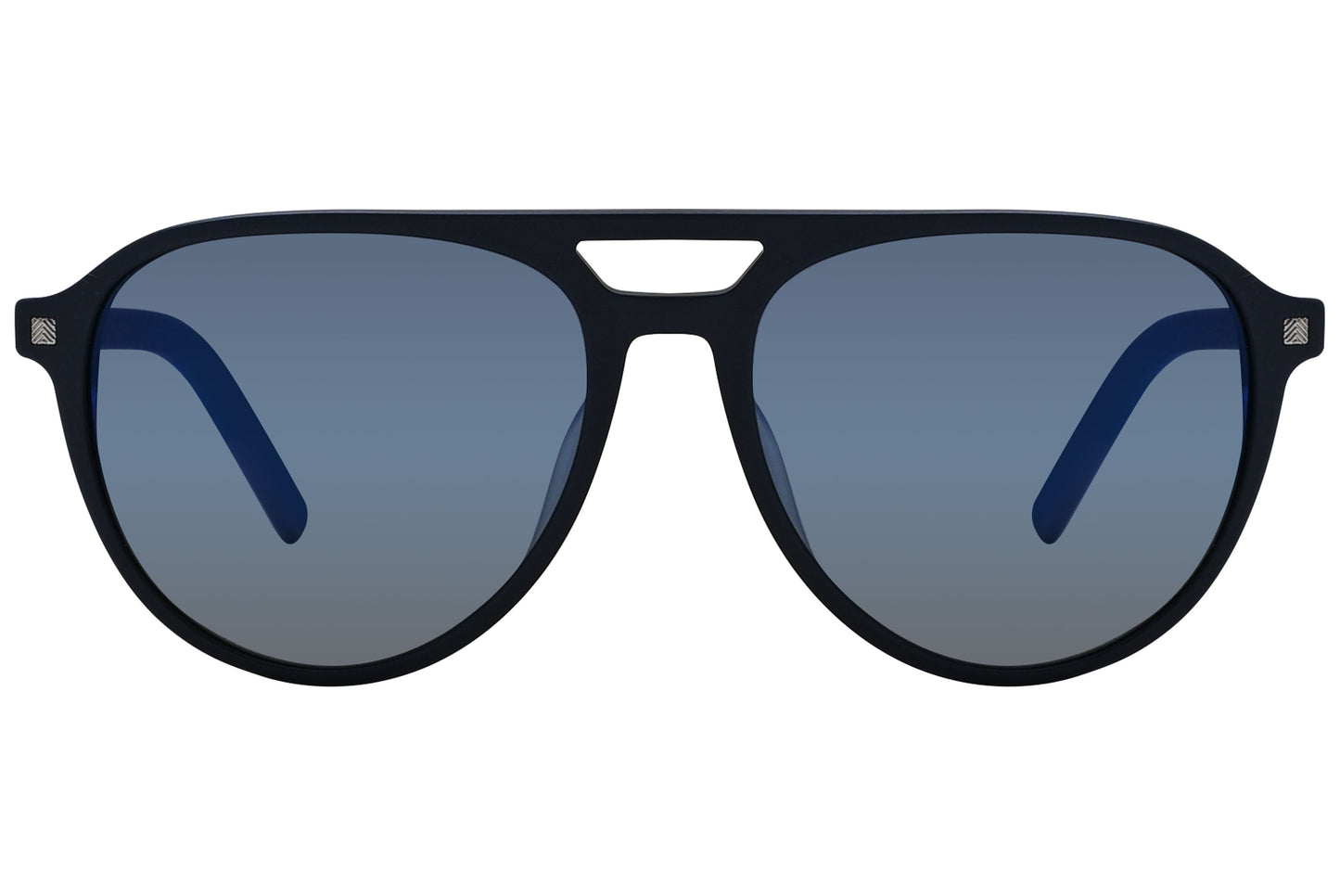 A pair of black aviator sunglasses with a metallic accent on one side and dark lenses.