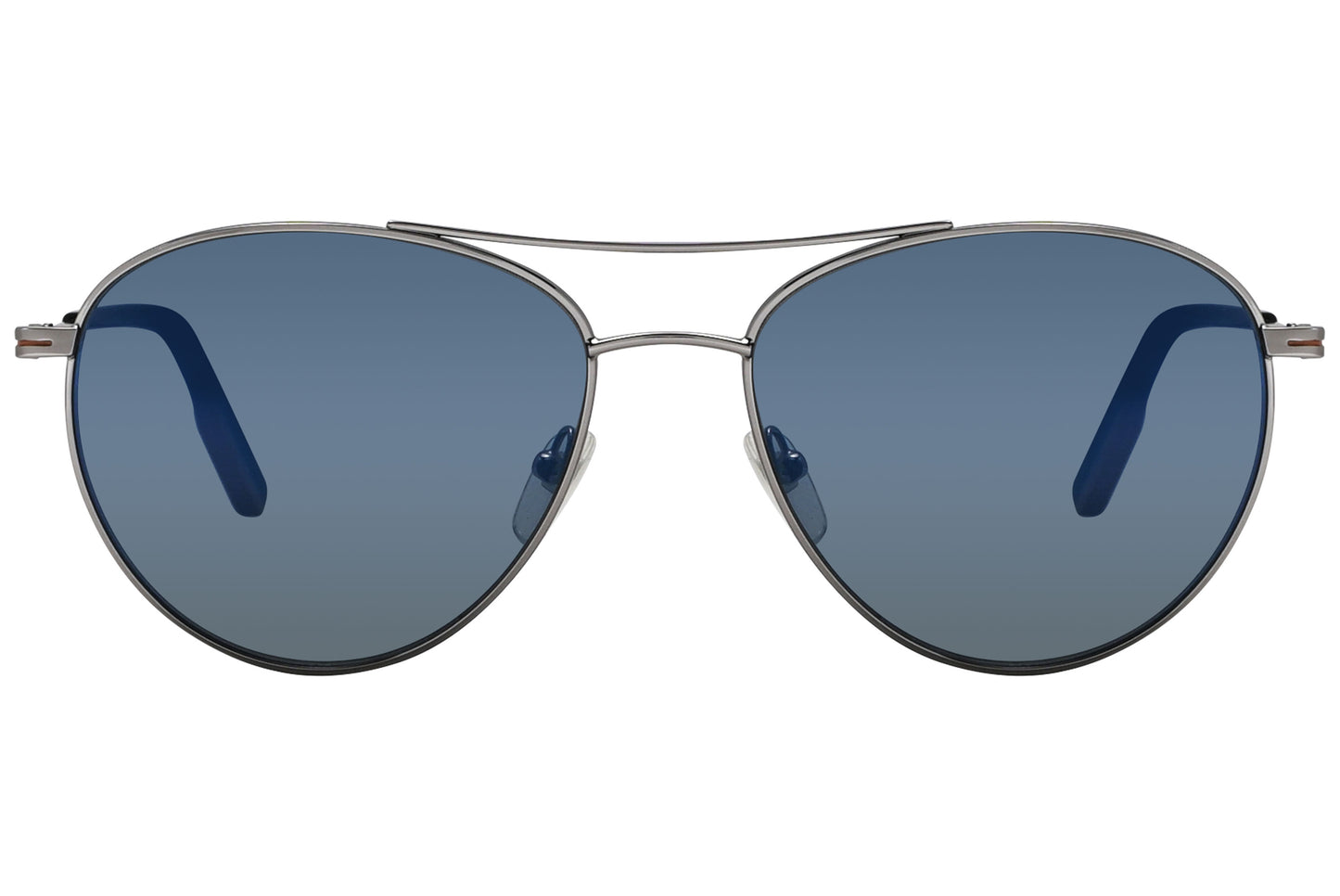 A pair of silver aviator sunglasses with blue lenses.