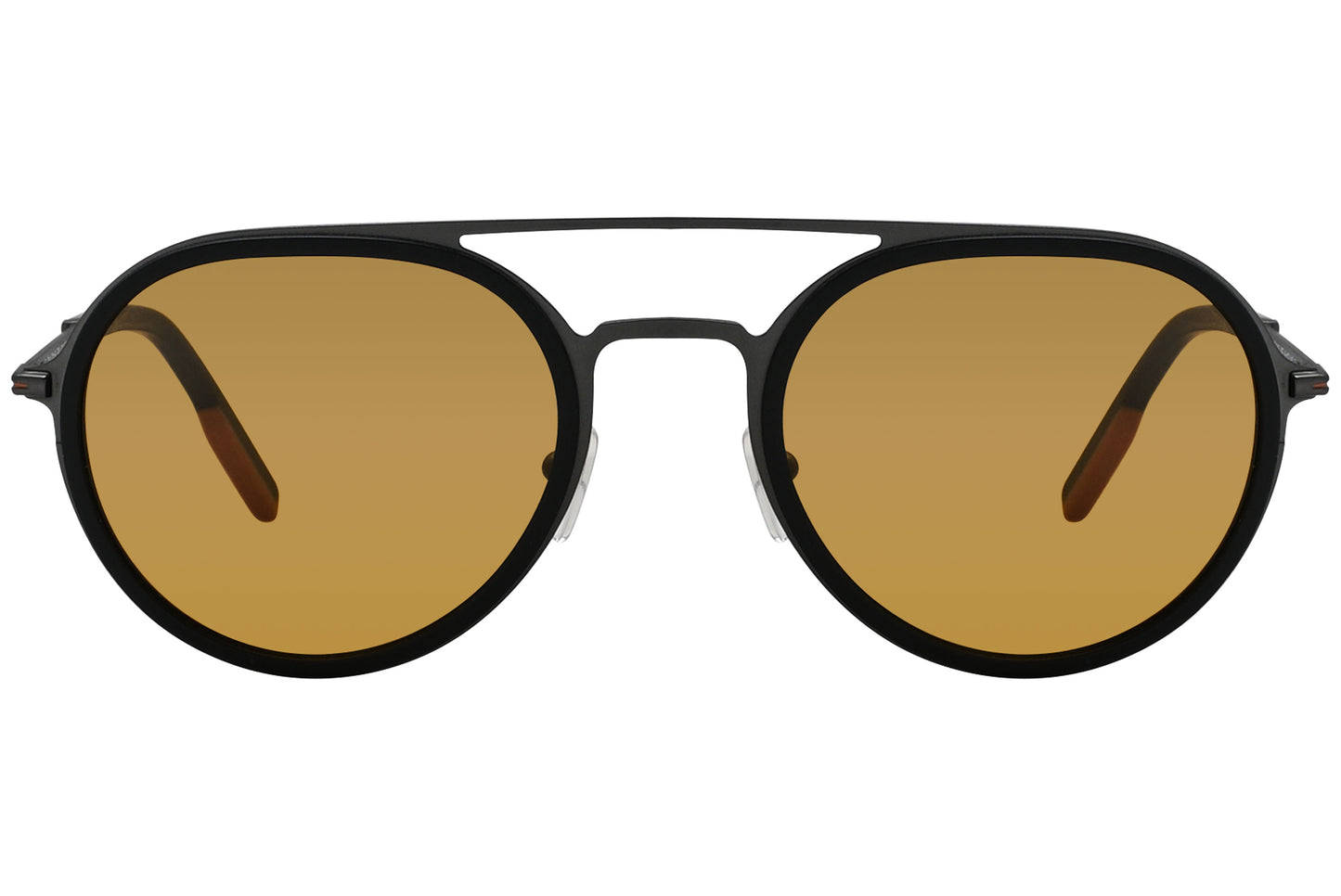 A pair of black aviator sunglasses with bronze tinted lenses.