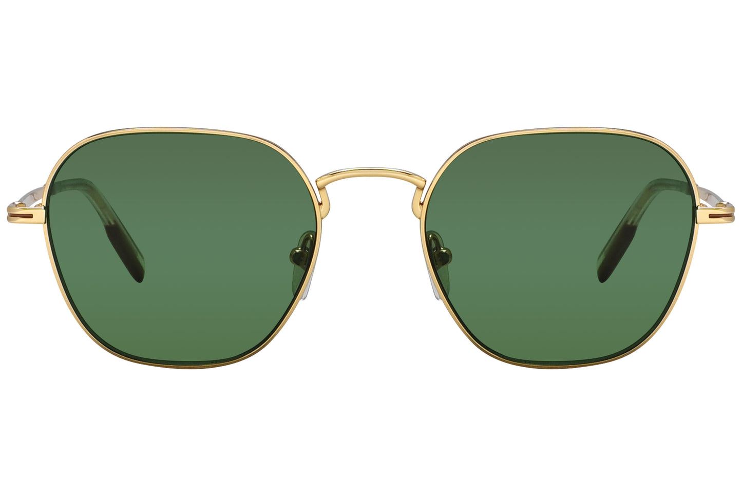 A pair of gold-colored geometric sunglasses with green lenses.