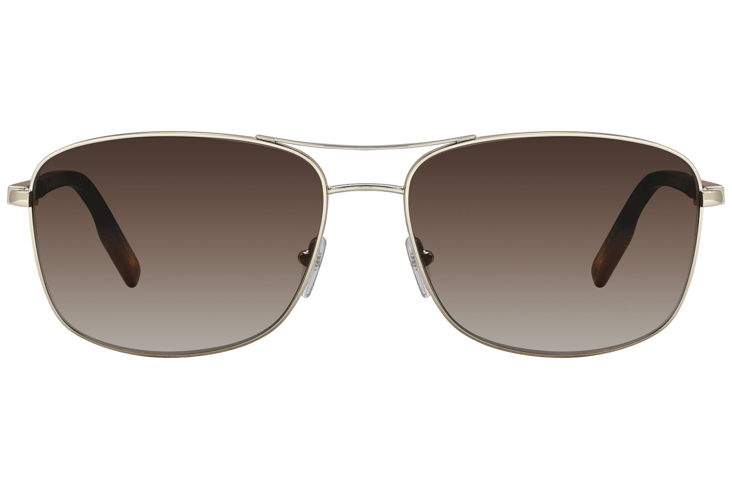 A pair of brown rectangle sunglasses with a metal frame and plastic arms.