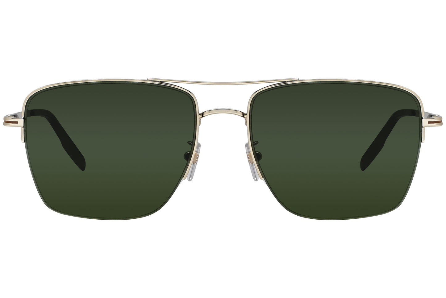 A pair of rectangle-shaped sunglasses with green lenses and a metallic frame.