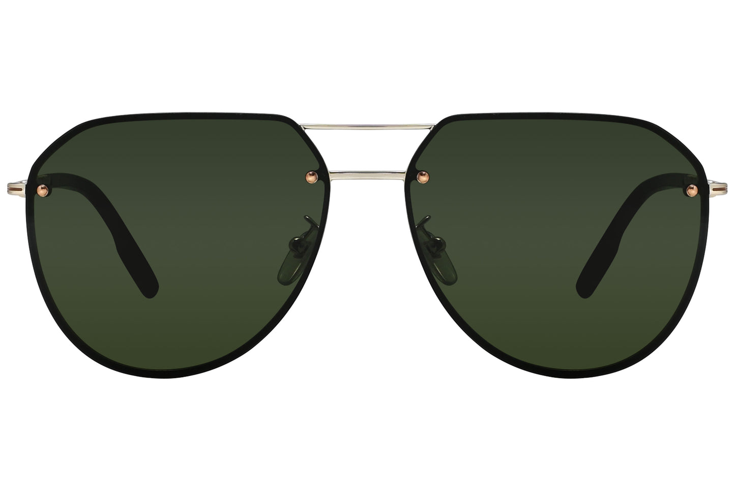 A pair of gold-framed aviator sunglasses with green lenses.