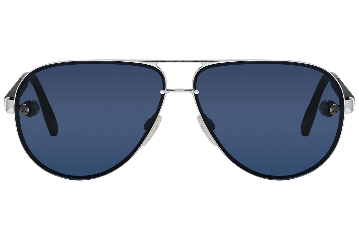 A pair of aviator sunglasses with blue lenses and a wood-colored frame.