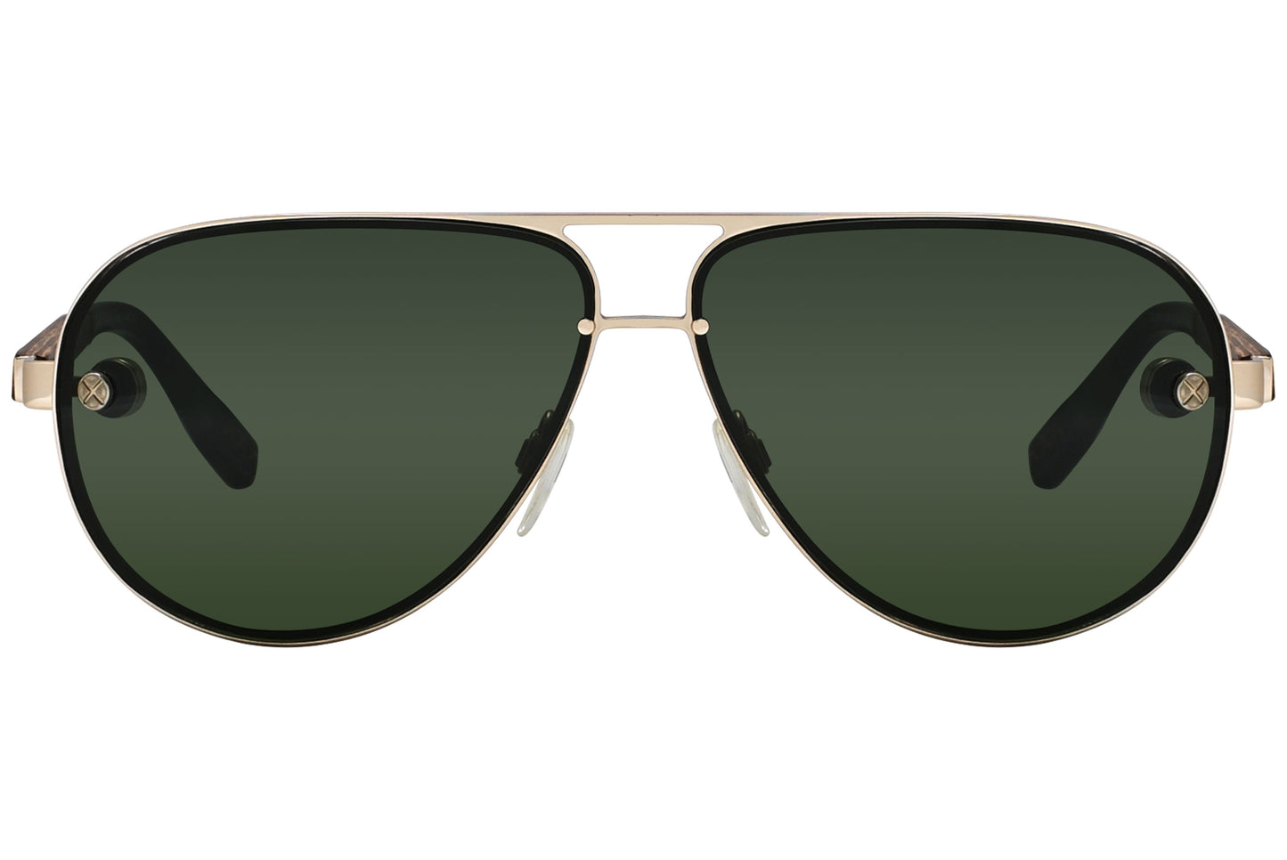 A pair of Ermenegildo Zegna aviator sunglasses with a titanium frame and wood-colored temples, featuring green polarized lenses.
