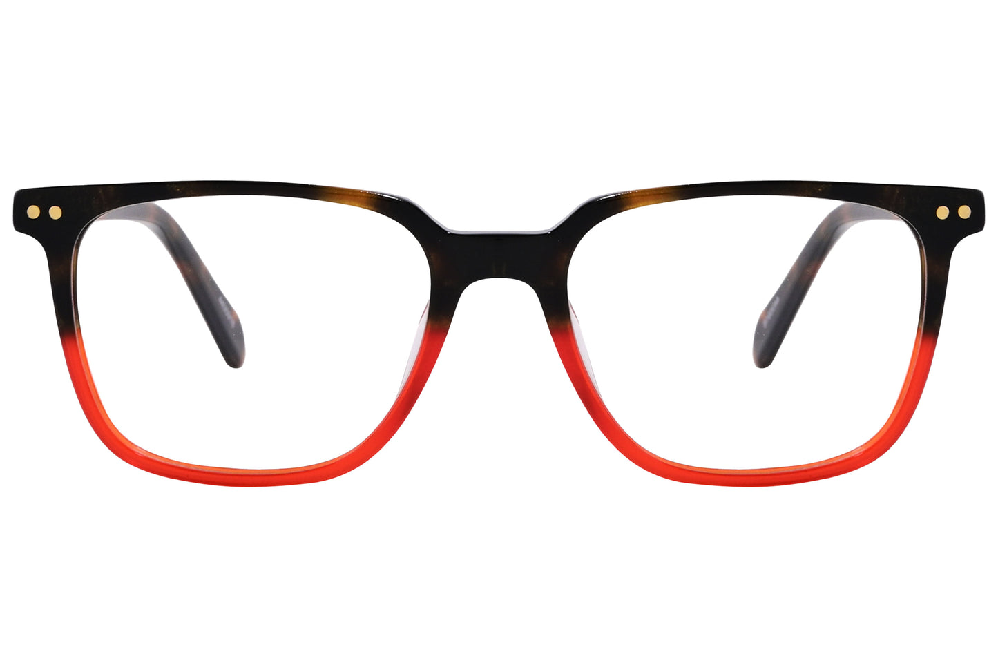 A pair of rectangle eyeglasses with a tortoise and orange color scheme.