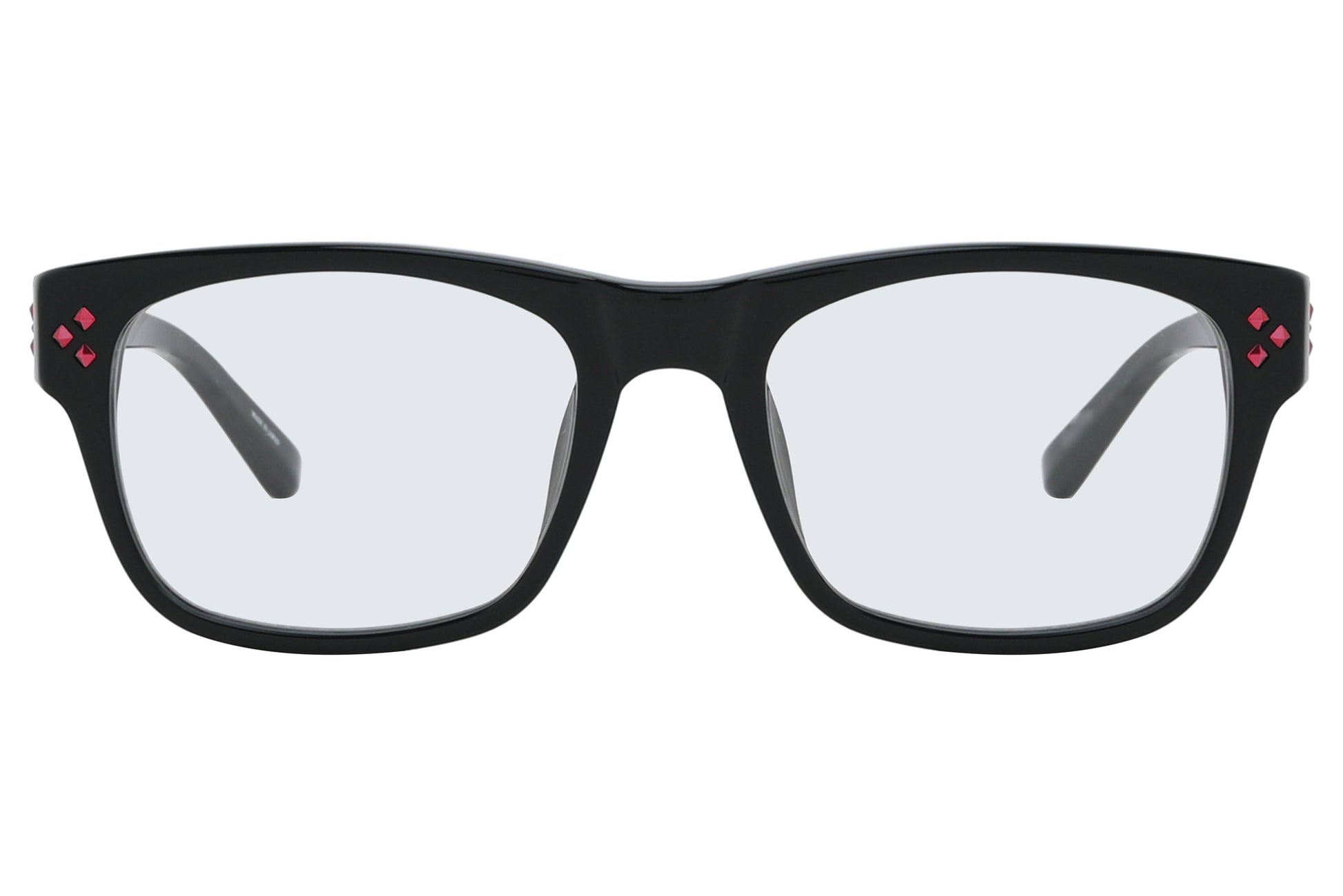 Black-framed glasses with red heart accents on a white background