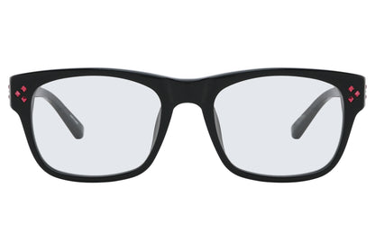 Black-framed glasses with red heart accents on a white background