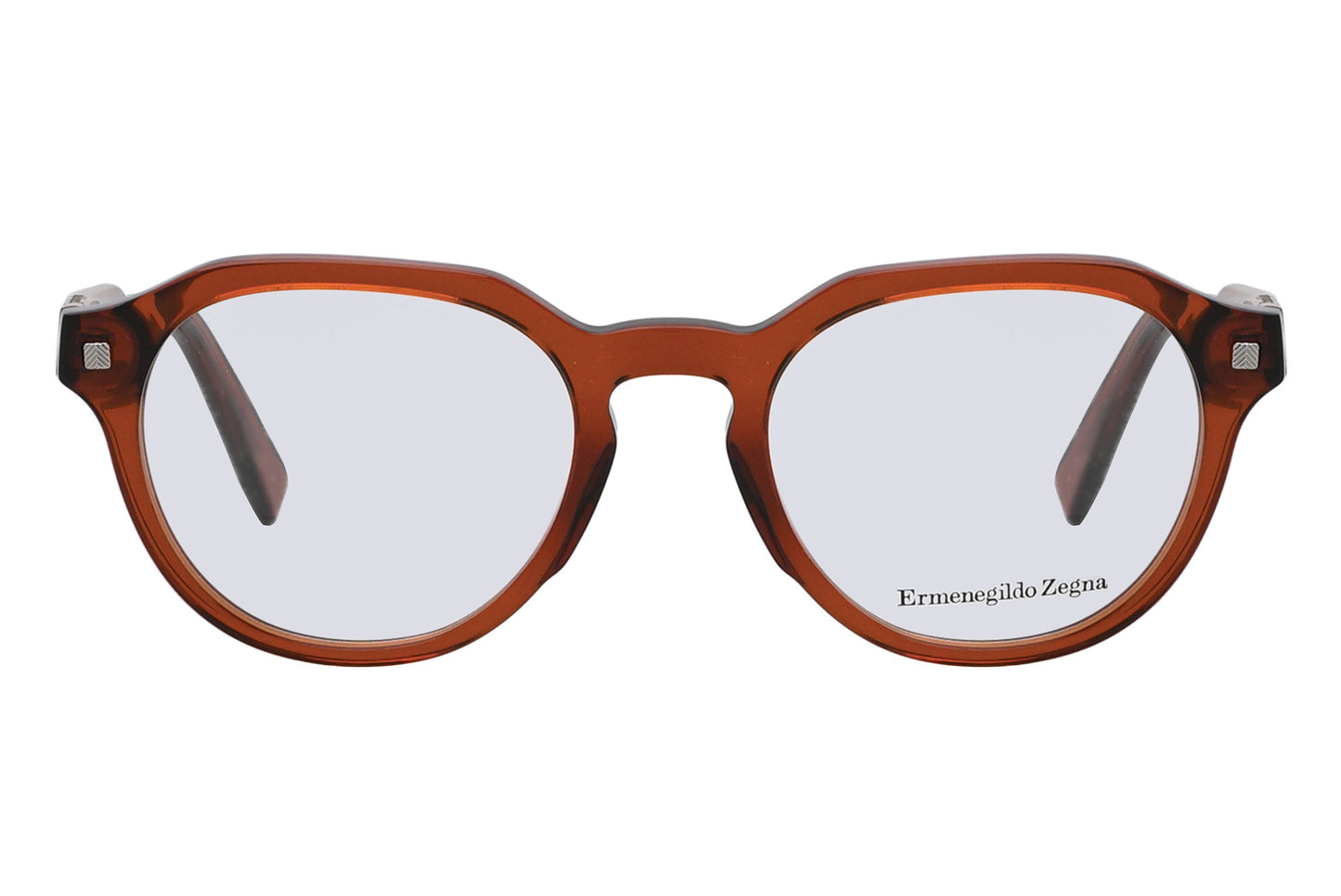 Brown eyeglasses with 'Ermenegildo Zegna' branding on a white background