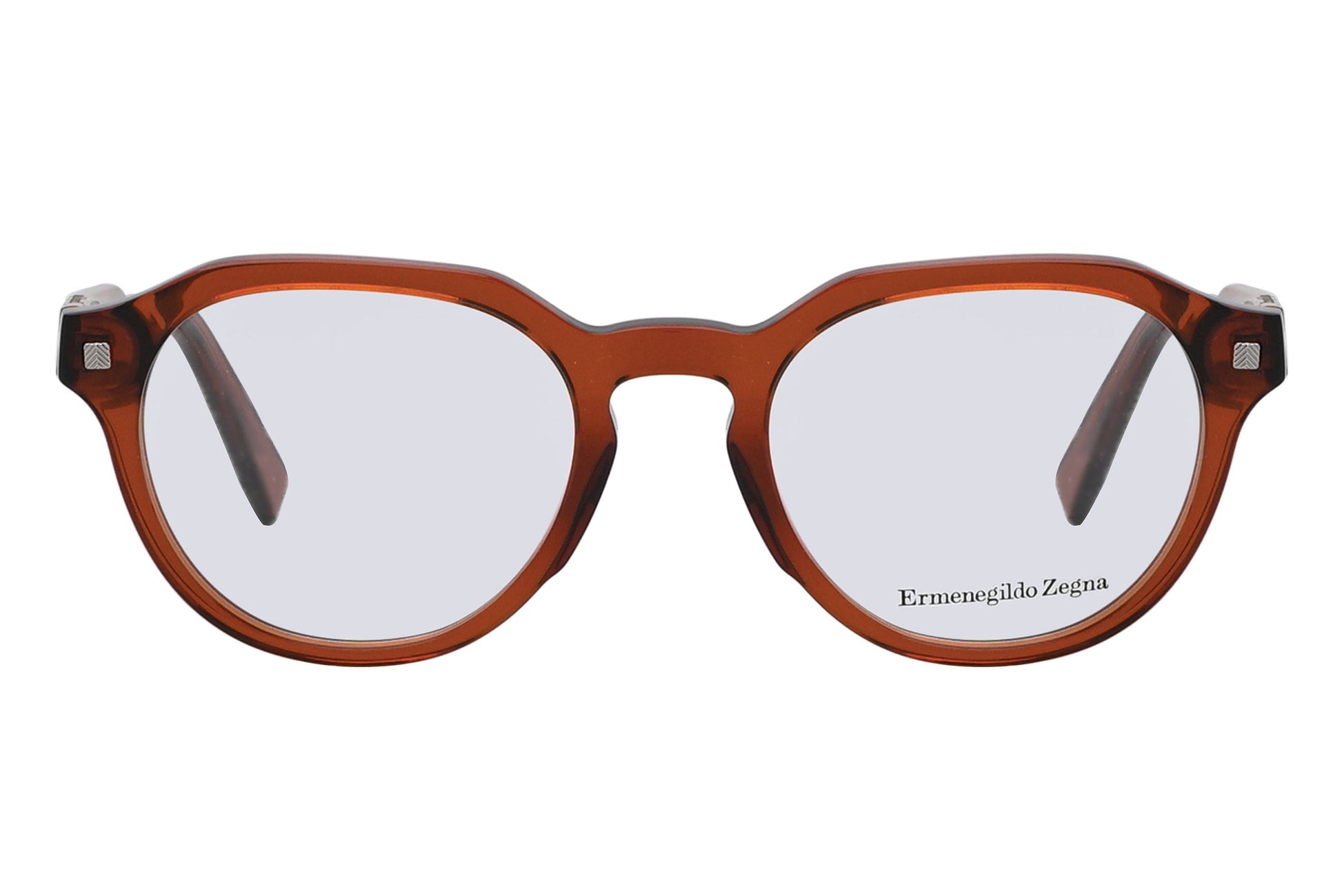 Brown eyeglasses with 'Ermenegildo Zegna' branding on a white background