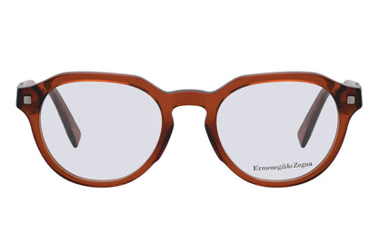 Brown eyeglasses with 'Ermenegildo Zegna' branding on a white background