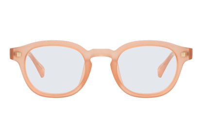 Pair of peach-colored eyeglasses on a white background