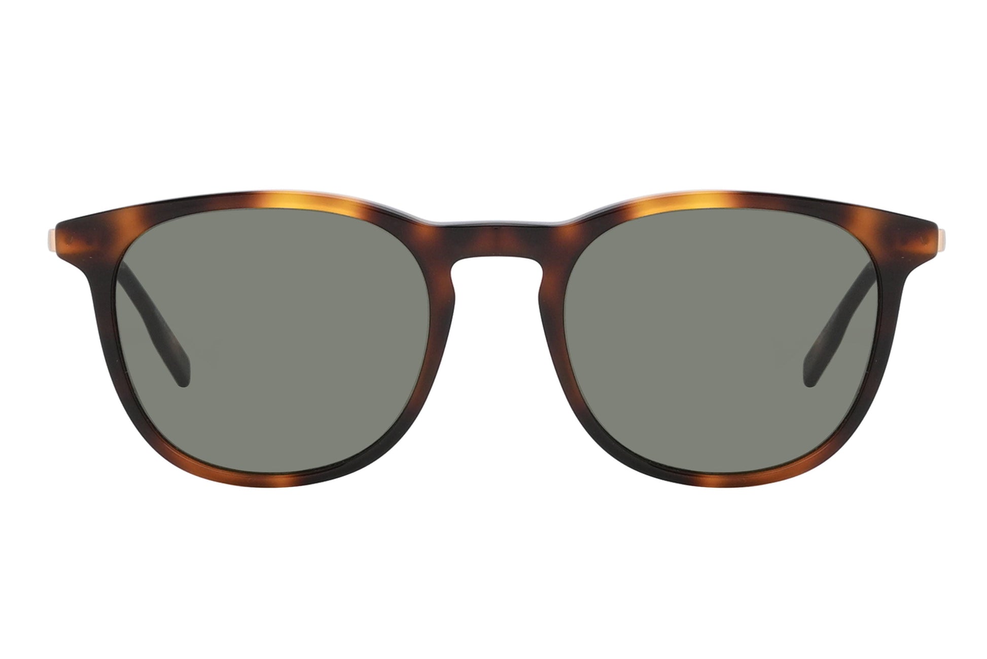 Sunglasses with tortoiseshell frame and dark lenses on a white background