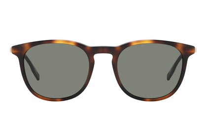 Sunglasses with tortoiseshell frame and dark lenses on a white background