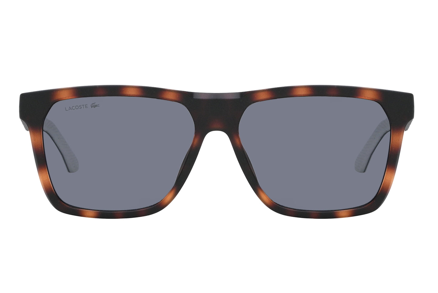 Sunglasses with tortoiseshell frame and dark lenses on a white background