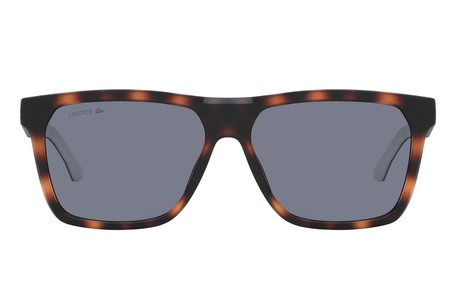 Sunglasses with tortoiseshell frame and dark lenses on a white background