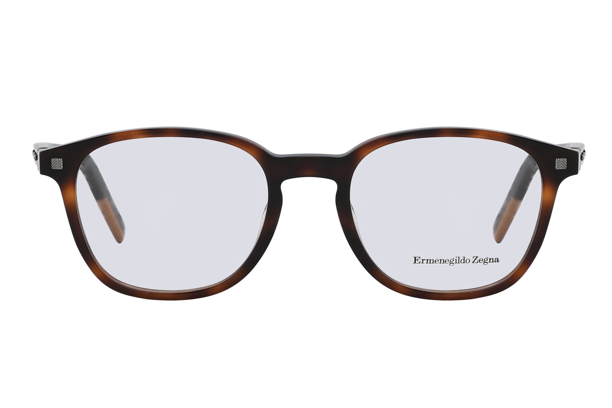 Brown eyeglasses with 'Ermenegildo Zegna' branding on a white background