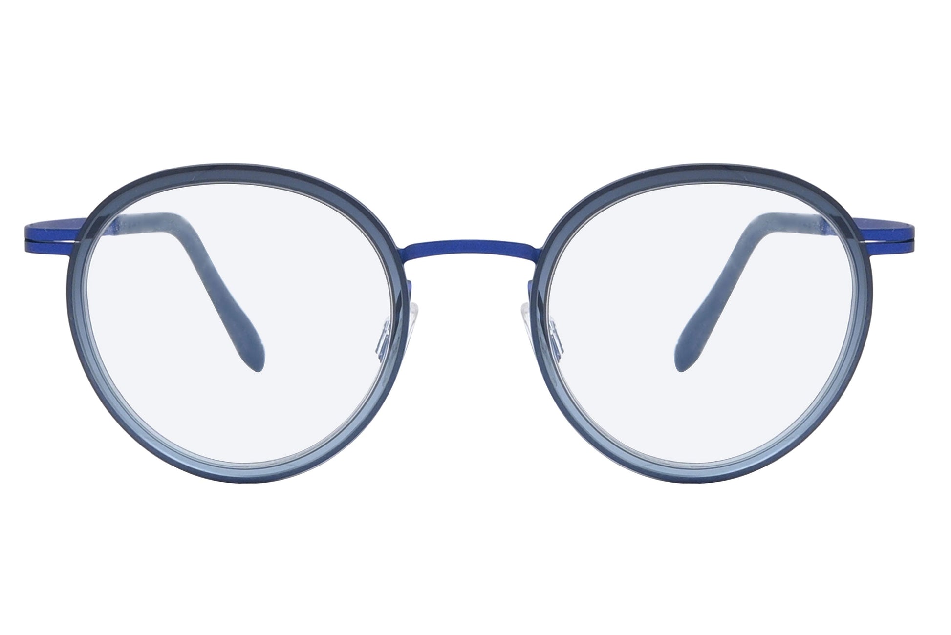 Round eyeglasses with blue frame on a white background