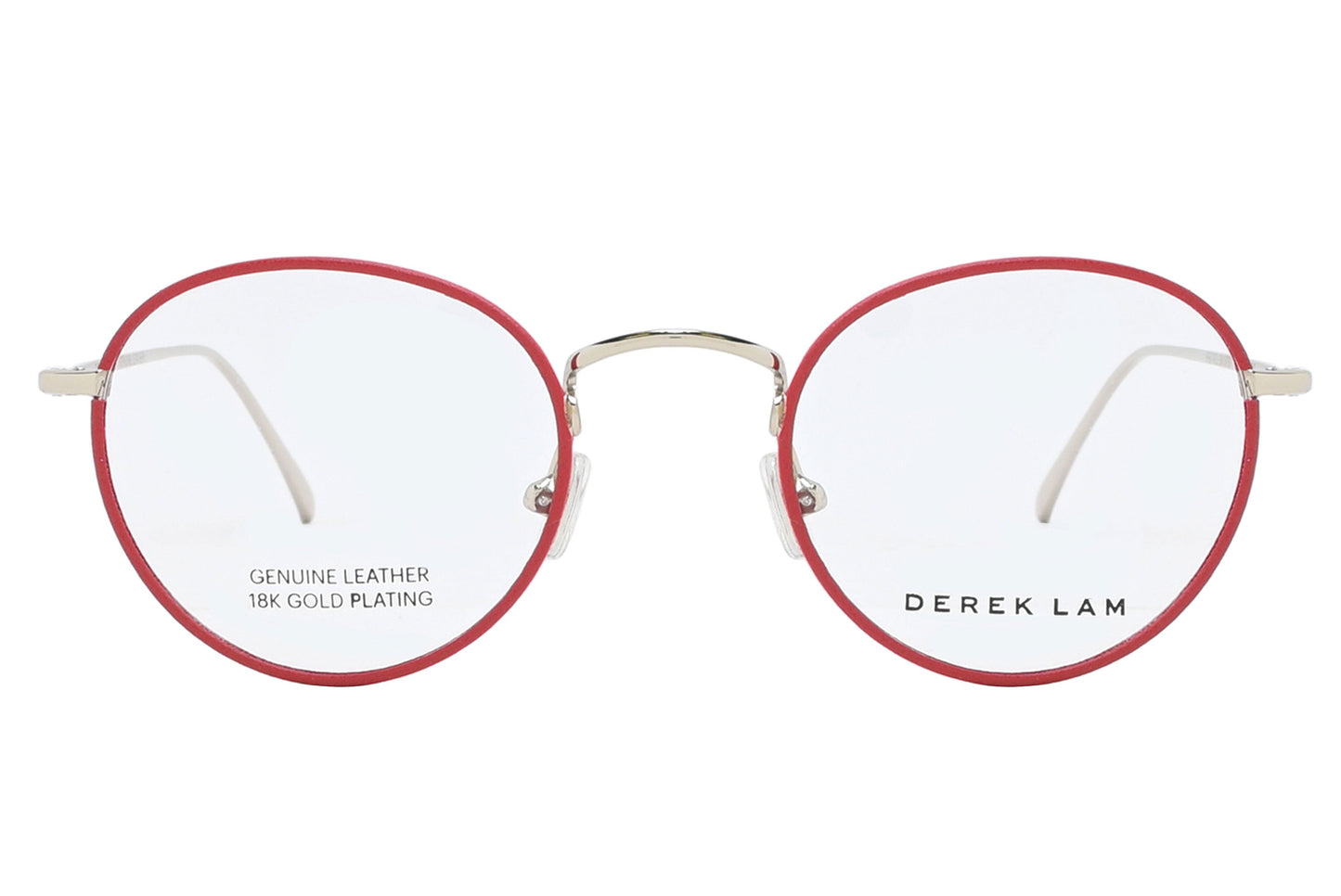 Round eyeglasses with red frame and gold accents on a white background, featuring 'Derek Lam' branding.