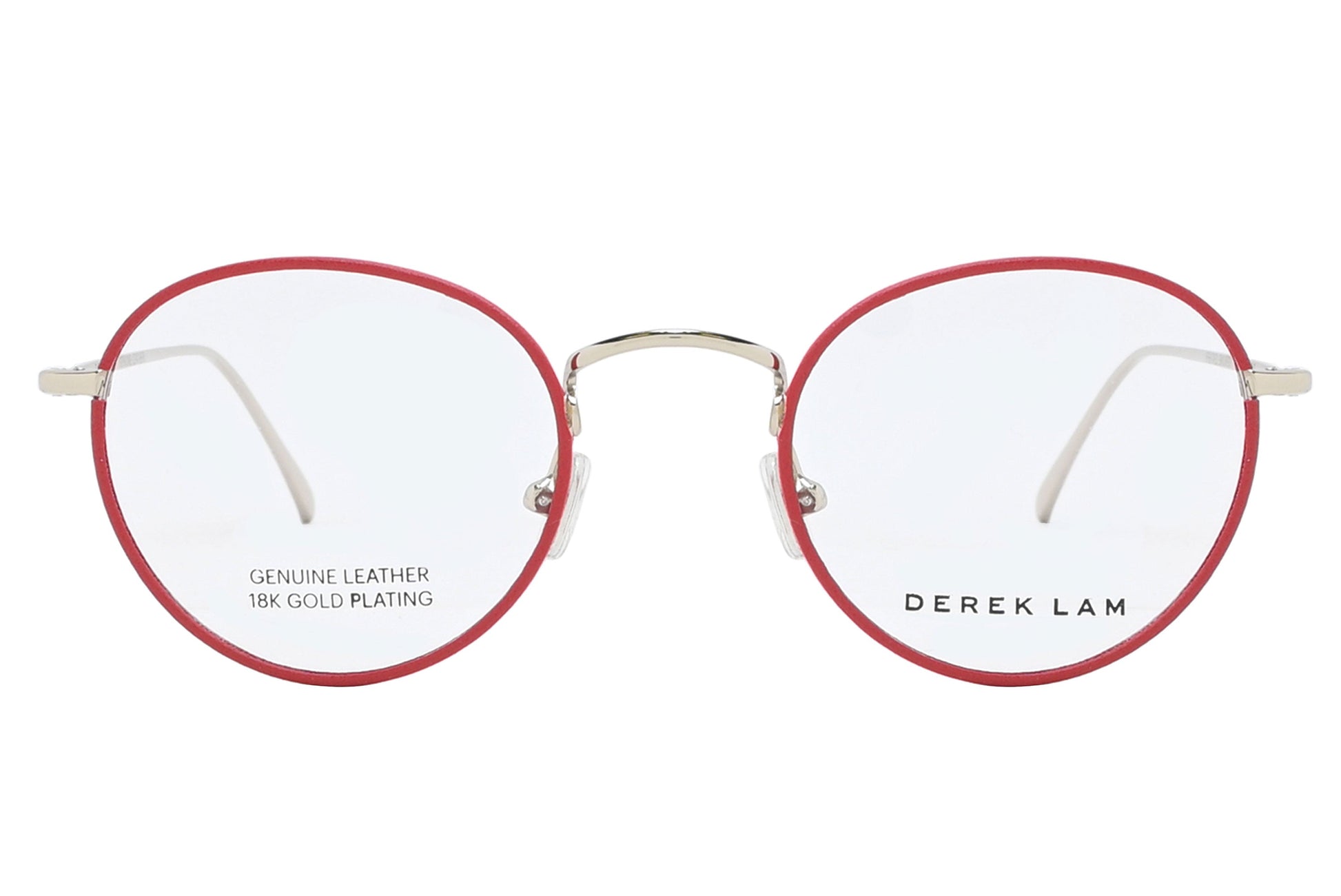 Round eyeglasses with red frame and gold accents on a white background, featuring 'Derek Lam' branding.