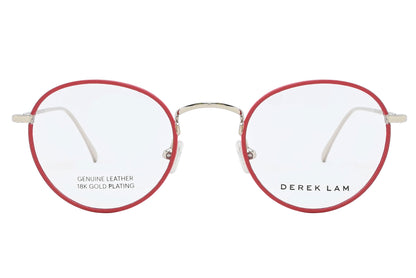 Round eyeglasses with red frame and gold accents on a white background, featuring 'Derek Lam' branding.