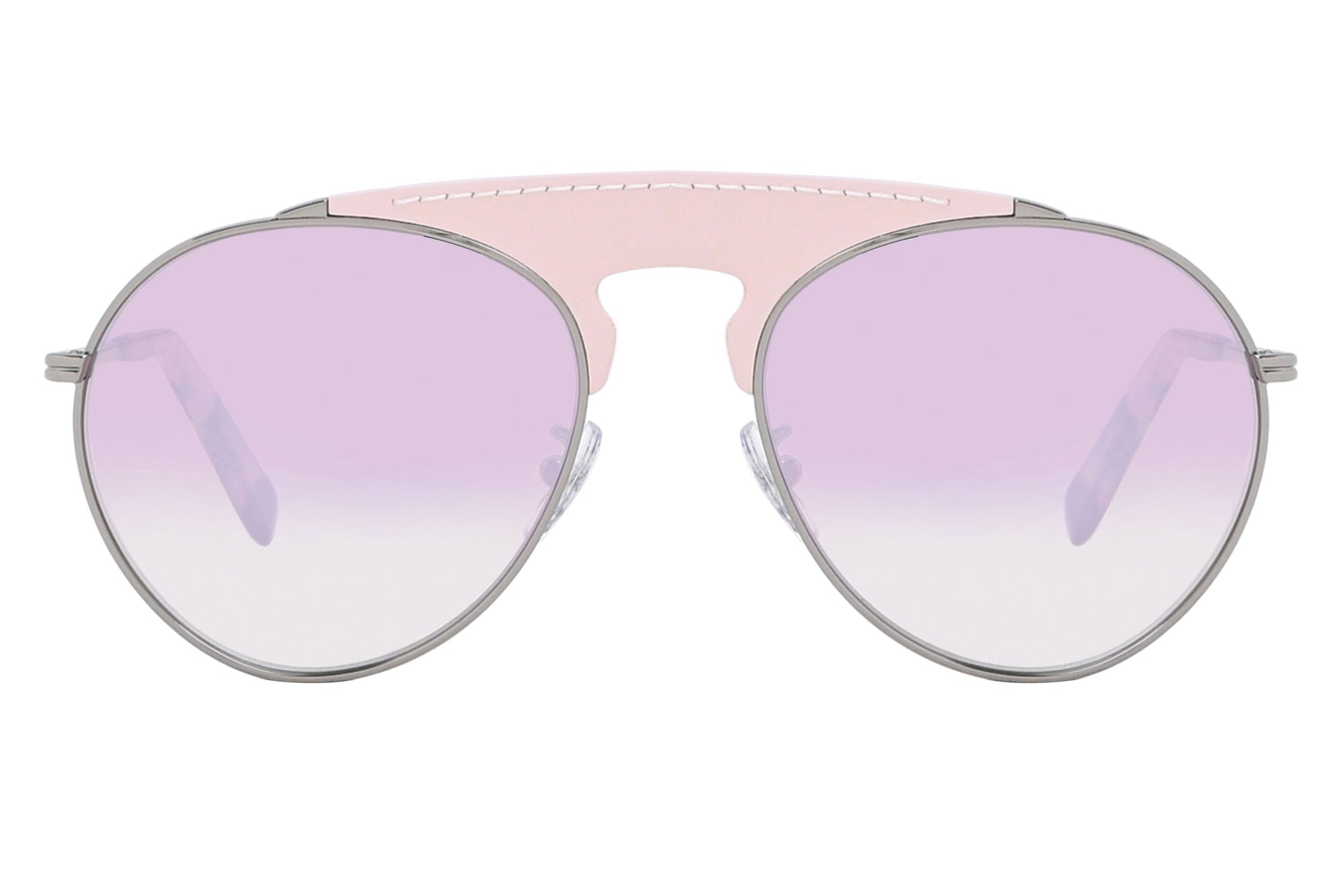 Sunglasses with pink frame and purple lenses on a white background