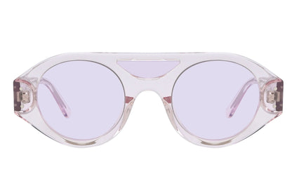 Sunglasses with clear frame and light purple lenses on a white background
