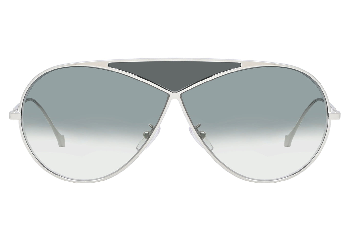 Aviator sunglasses with silver frame and reflective lenses on a white background