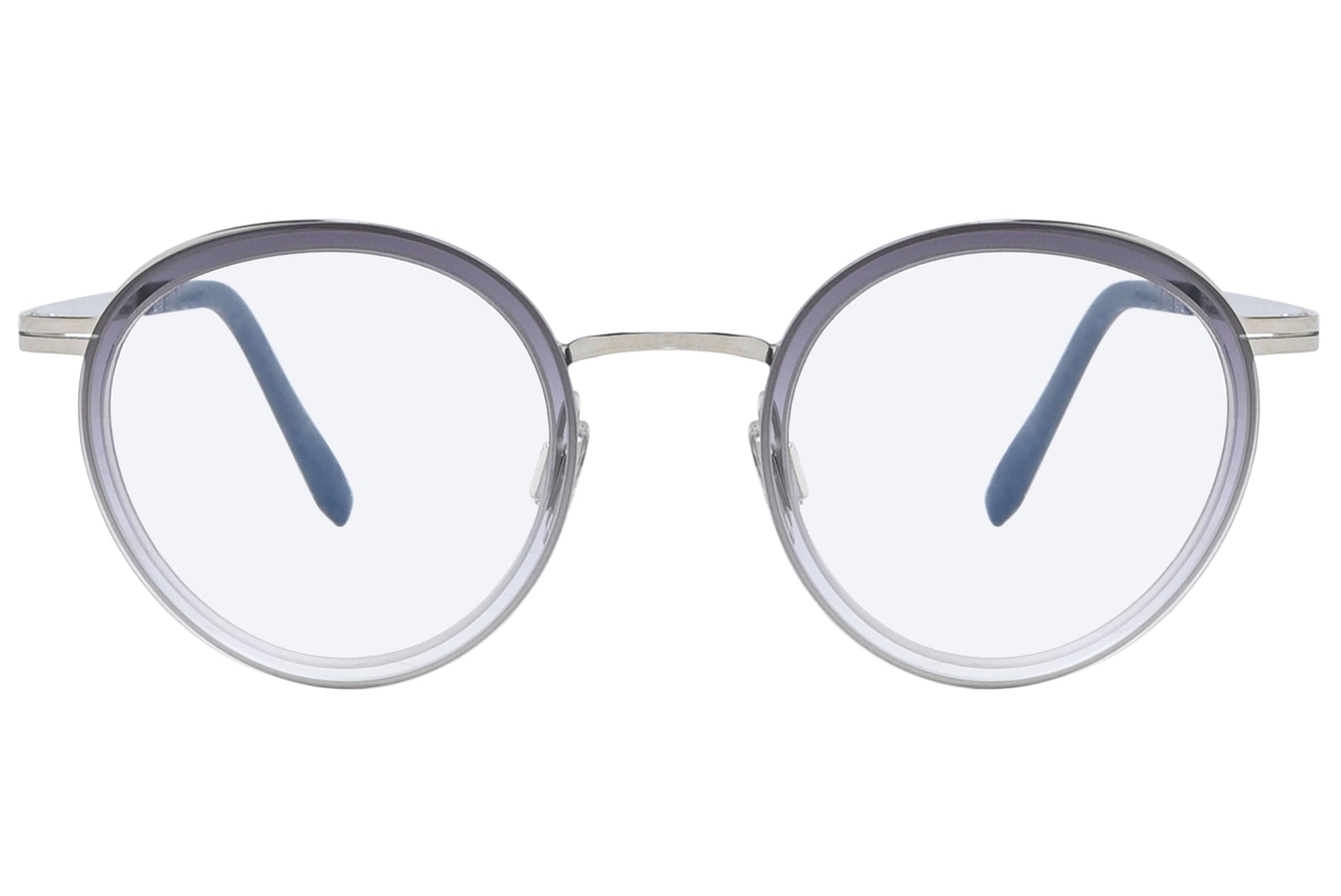 Round eyeglasses with a silver frame on a white background