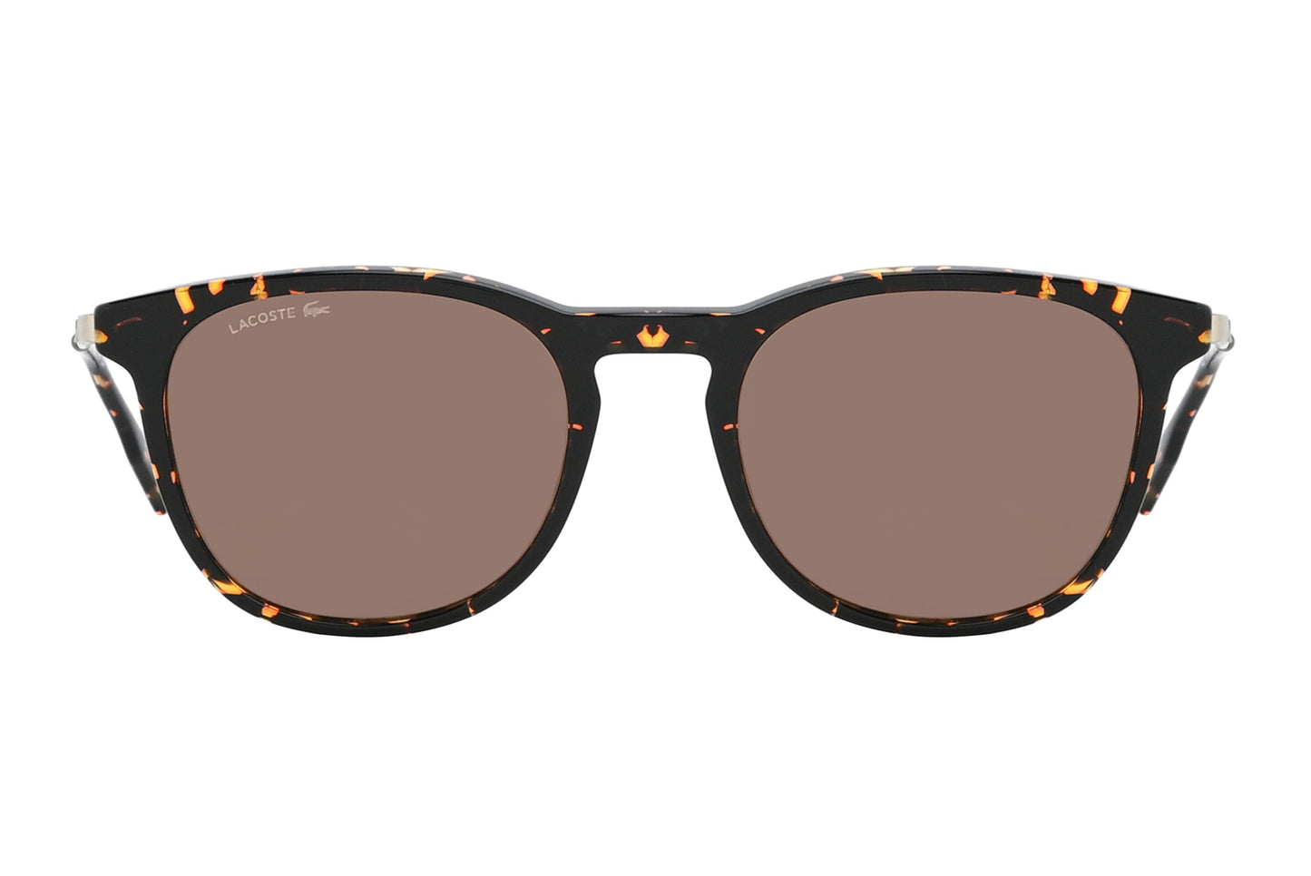 Sunglasses with tortoiseshell frame and brown lenses on a white background