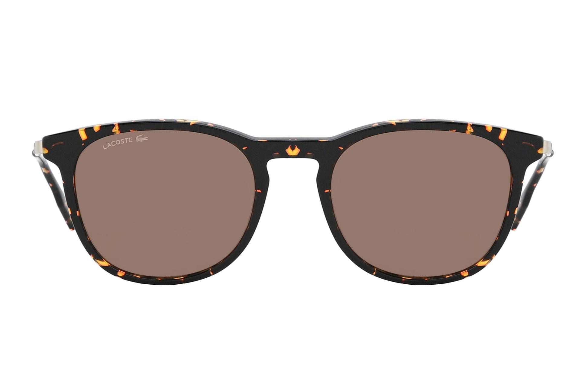 Sunglasses with tortoiseshell frame and brown lenses on a white background