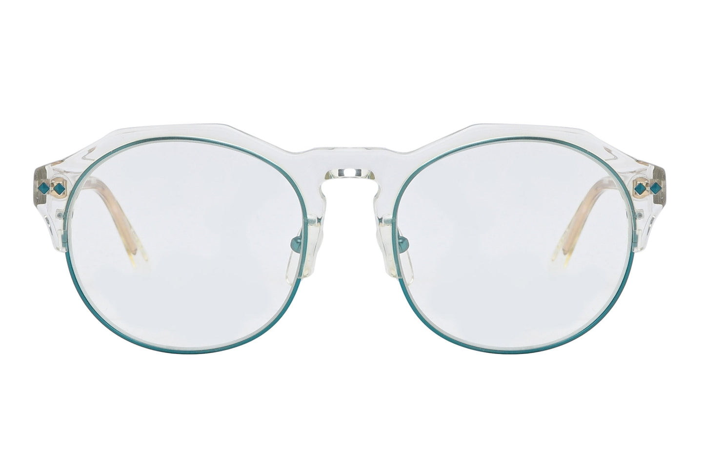 Round eyeglasses with a clear frame on a white background