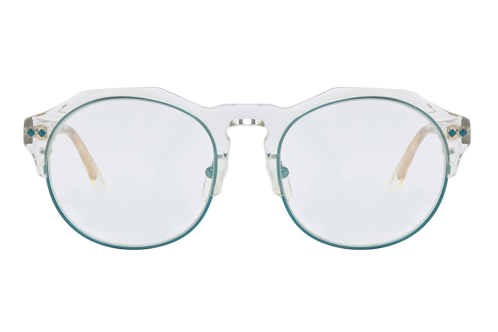 Round eyeglasses with a clear frame on a white background