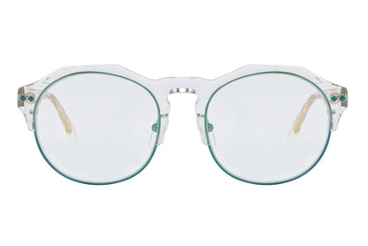 Round eyeglasses with a clear frame on a white background