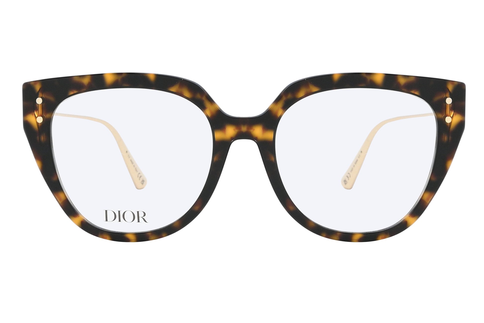 Tortoiseshell cat-eye glasses with 'Dior' logo on a white background