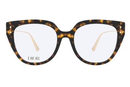 Tortoiseshell cat-eye glasses with 'Dior' logo on a white background