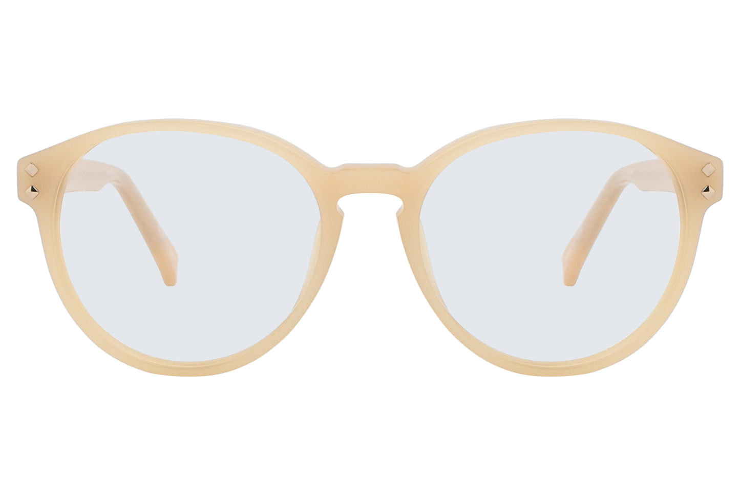 Beige eyeglasses with a white background