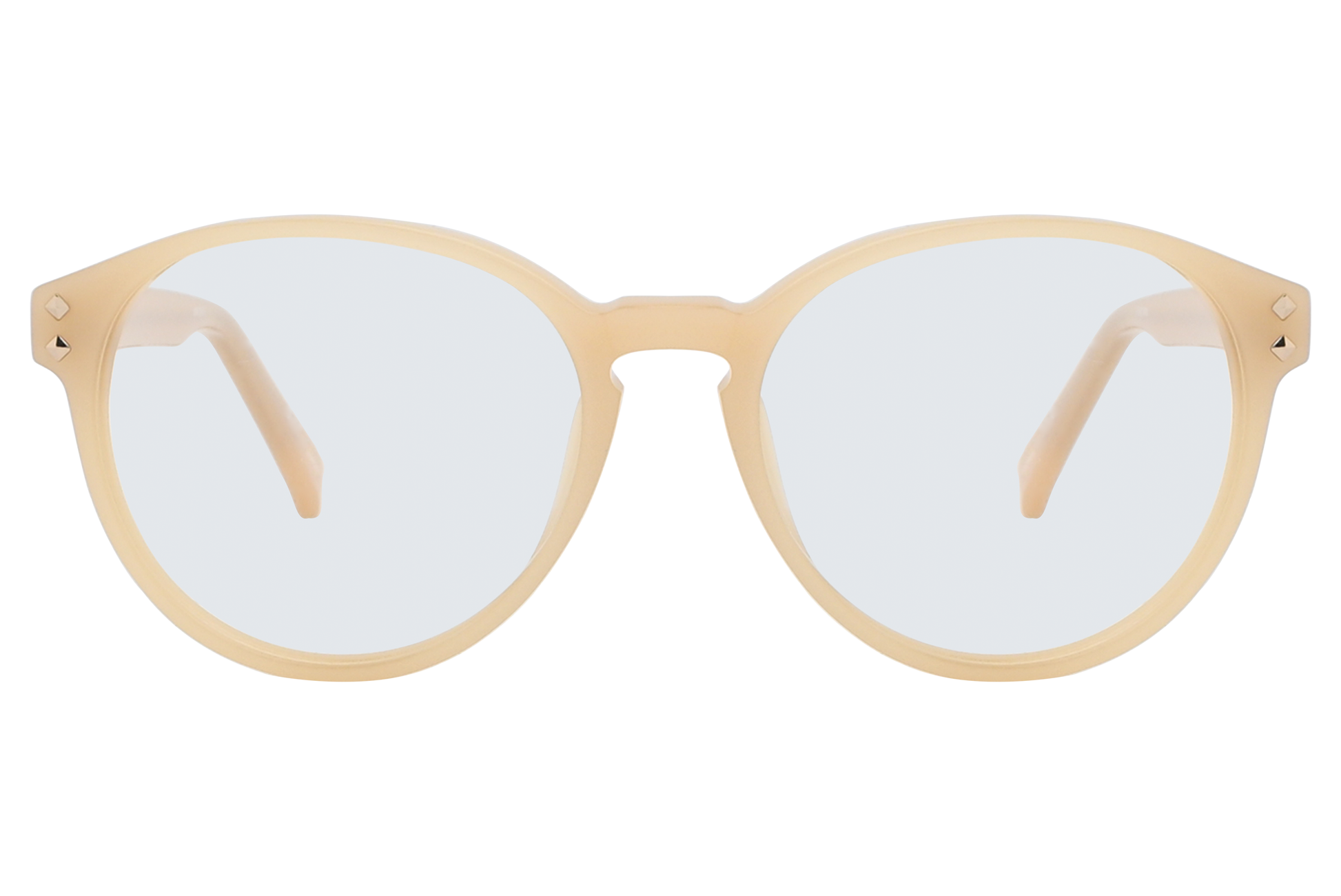 Beige eyeglasses with a white background