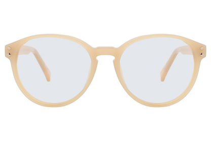 Beige eyeglasses with a white background