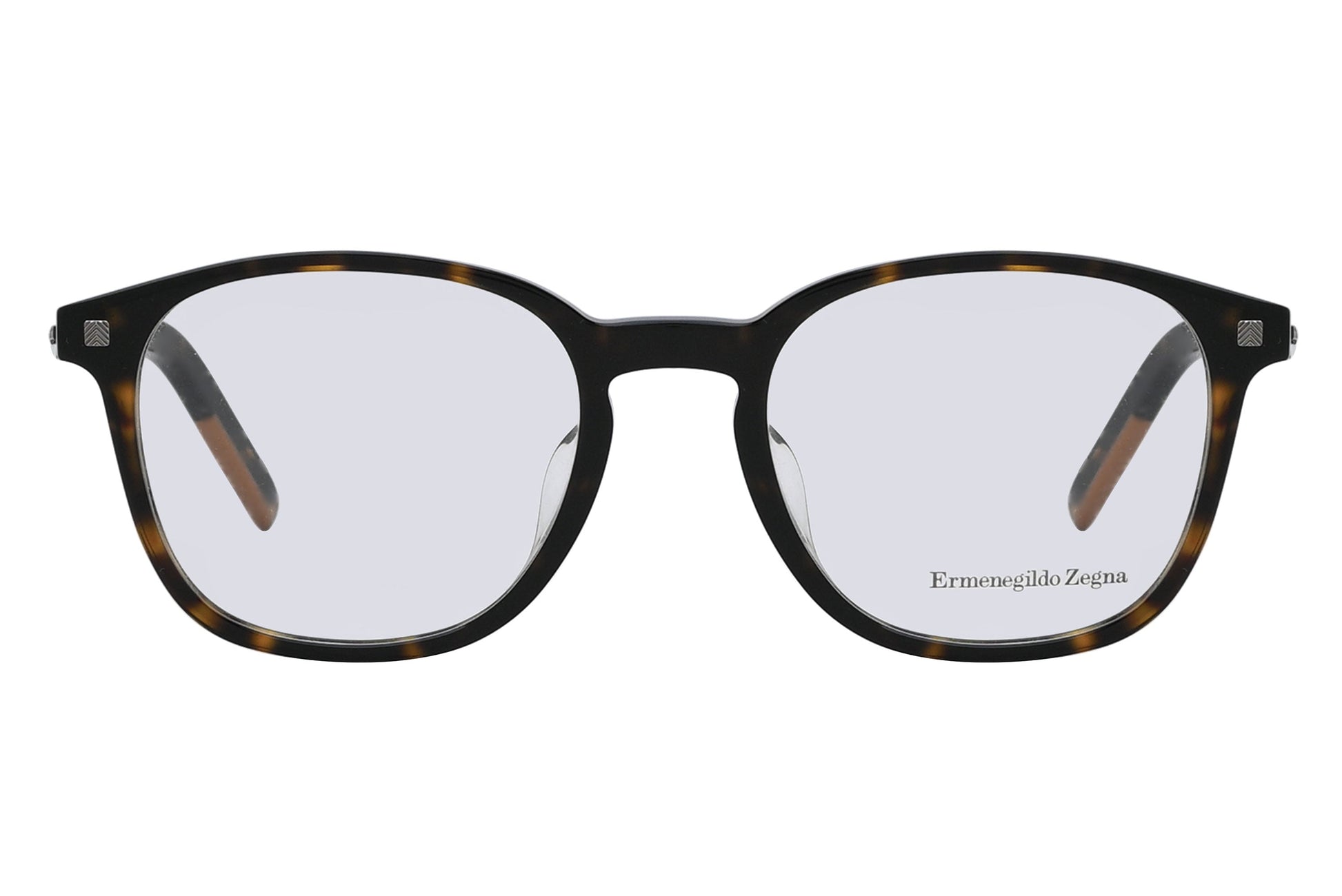 Eyeglasses with tortoiseshell frame and clear lenses on a white background